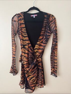 Urban Outfitters Sheer Tiger-Stripe Wrap Dress - Black & Orange